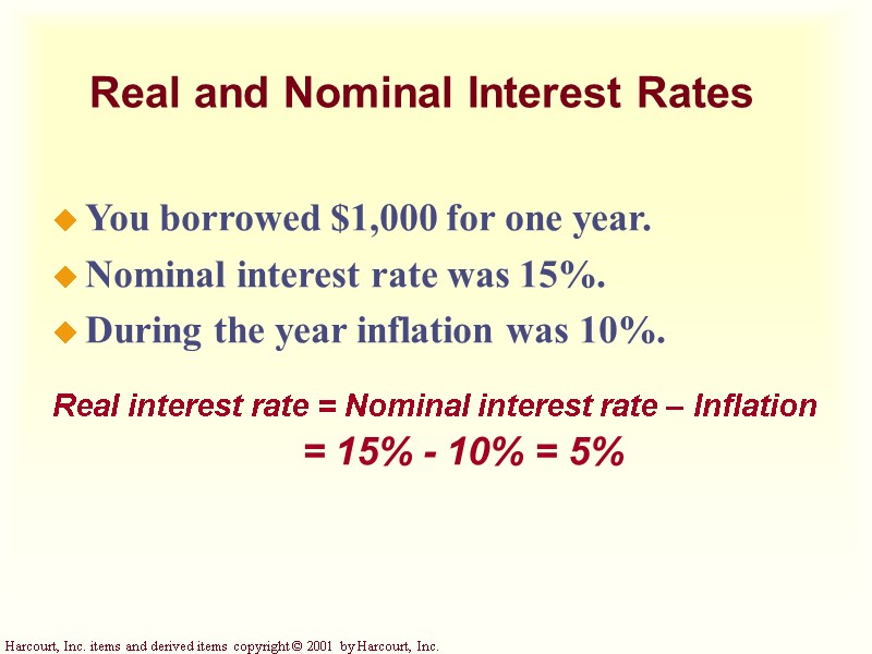Real and Nominal Interest Rates You borrowed $1,000 for one year. Nominal interest rate